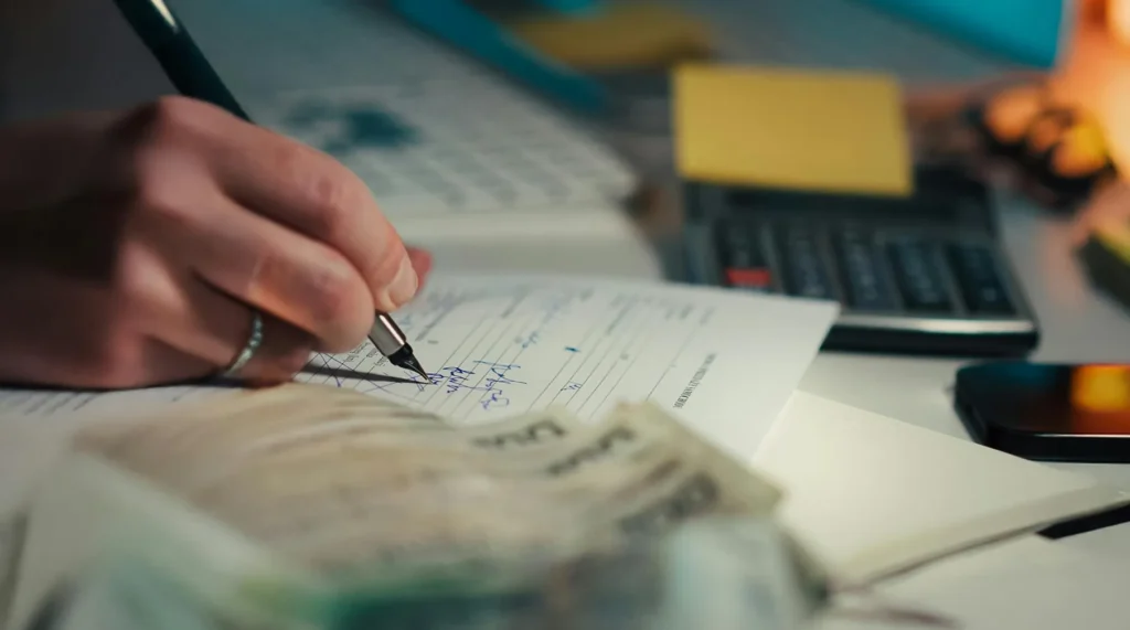 A close-up of a consultant performing a financial audit and budget forecasting, with a pen, calculator, and financial documents to ensure association stability.