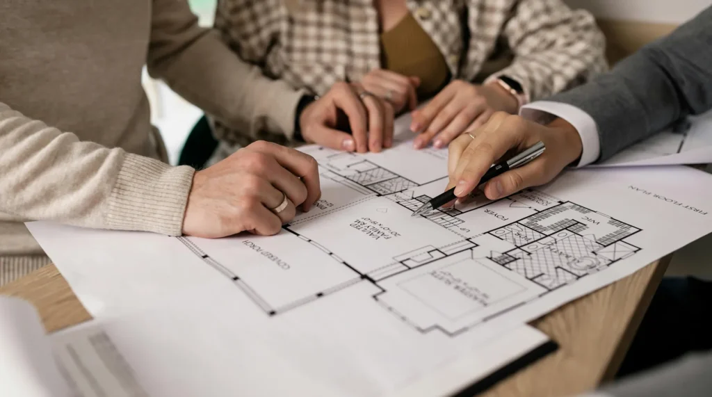 Overhead view of a project management team reviewing large-scale development blueprints with a calculator, laptop, and blue hard hat, symbolizing capital project oversight.