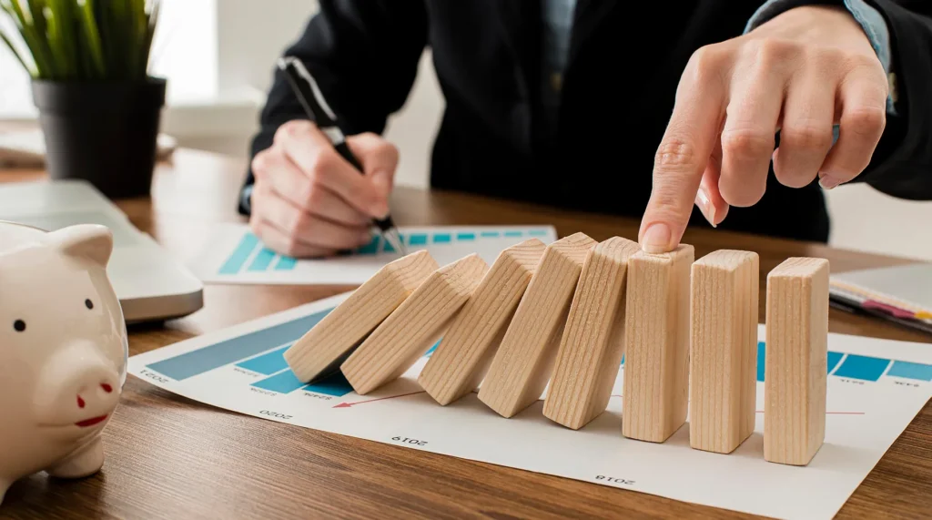 A professional at a desk stopping a row of falling wooden blocks over financial charts, symbolizing proactive risk management and legal compliance for developer-led associations.