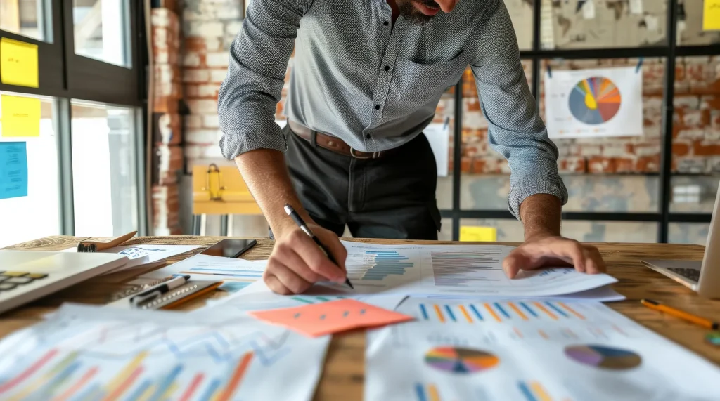 A professional consultant reviewing community engagement data and charts at a wooden desk with sticky notes, representing strategic communication and owner outreach strategies.